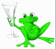 Dessin d'une grenouille le ventre plein, un verre de champagne à la main